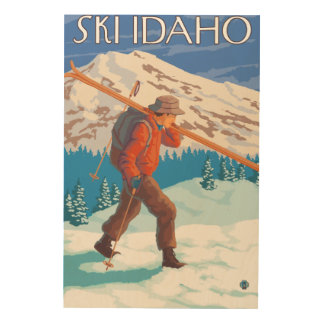 Skier Carrying Snow Skis - Idaho Wood Wall Art