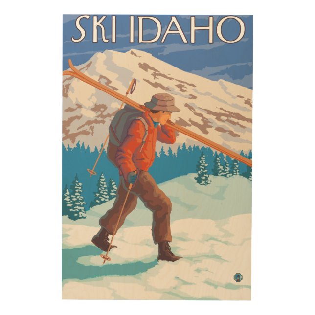 Skier Carrying Snow Skis - Idaho Wood Wall Art (Front)