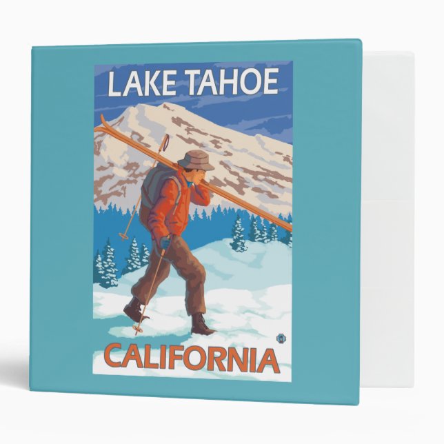 Skier Carrying Snow Skis - Lake Tahoe, Californi 3 Ring Binder (Front/Inside)