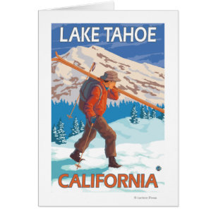 Skier Carrying Snow Skis - Lake Tahoe, Californi Cards