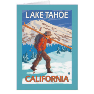 Skier Carrying Snow Skis - Lake Tahoe, Californi Cards