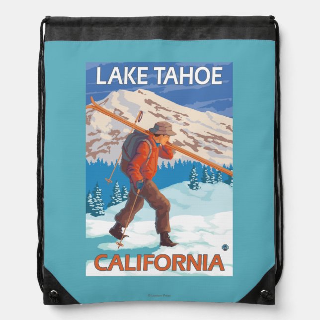 Skier Carrying Snow Skis - Lake Tahoe, Californi Drawstring Bag (Front)
