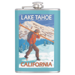 Skier Carrying Snow Skis - Lake Tahoe, Californi Flask