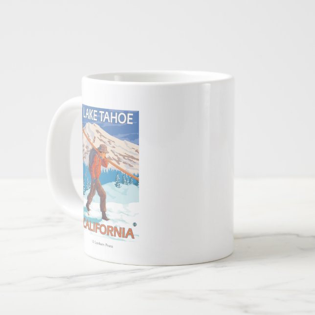 Skier Carrying Snow Skis - Lake Tahoe, Californi Giant Coffee Mug (Front Left)
