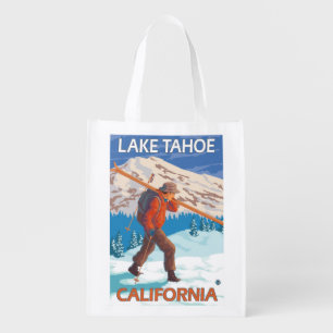 Skier Carrying Snow Skis - Lake Tahoe, Californi Grocery Bag