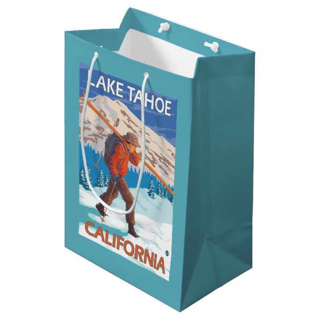 Skier Carrying Snow Skis - Lake Tahoe, Californi Medium Gift Bag (Front Angled)