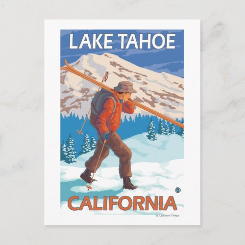 Skier Carrying Snow Skis _ Lake Tahoe Californi Postcard