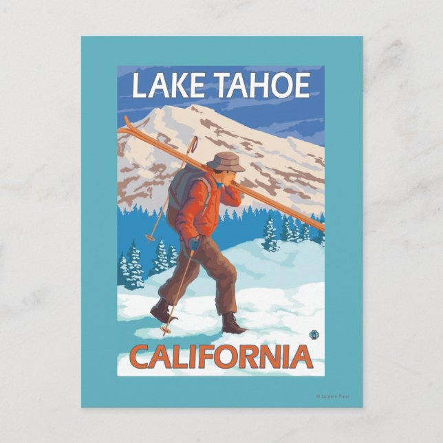 Skier Carrying Snow Skis - Lake Tahoe, Californi Postcard (Front)