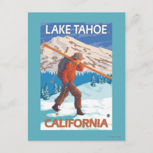 Skier Carrying Snow Skis - Lake Tahoe, Californi Postcard