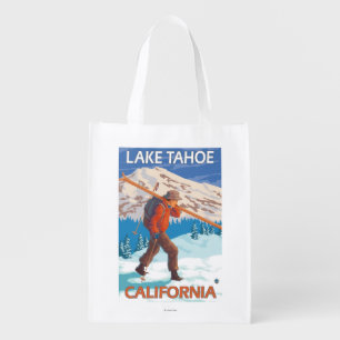 Skier Carrying Snow Skis - Lake Tahoe, Californi Reusable Grocery Bag
