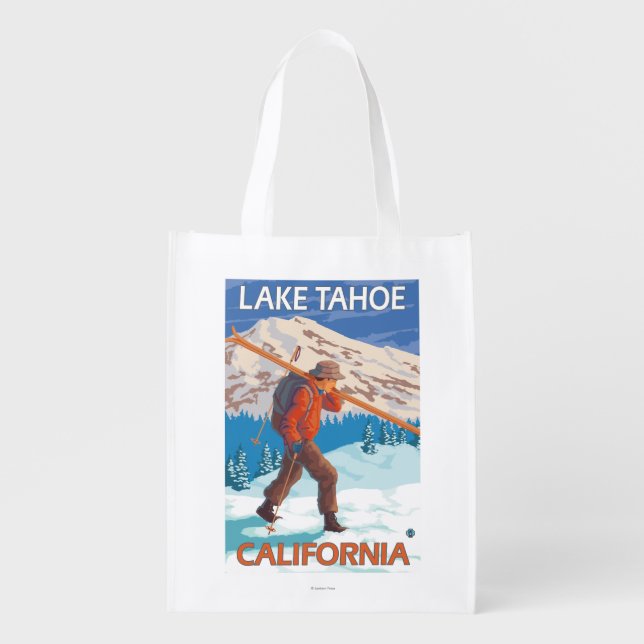 Skier Carrying Snow Skis - Lake Tahoe, Californi Reusable Grocery Bag (Front)