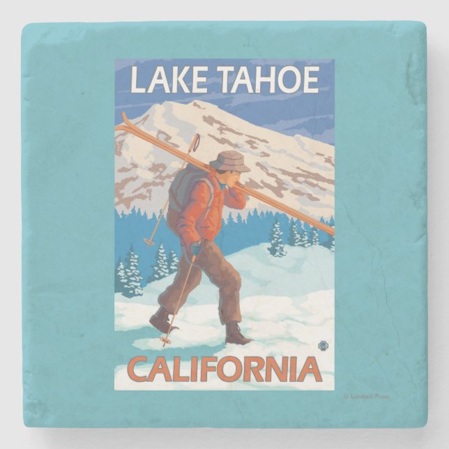 Skier Carrying Snow Skis - Lake Tahoe, Californi Stone Coaster (Front)