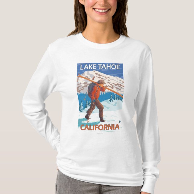 Skier Carrying Snow Skis - Lake Tahoe, Californi T-Shirt (Front)