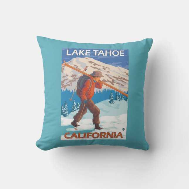 Skier Carrying Snow Skis - Lake Tahoe, Californi Throw Pillow (Front)