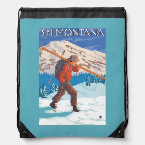 Skier Carrying Snow Skis _ Montana Drawstring Bag