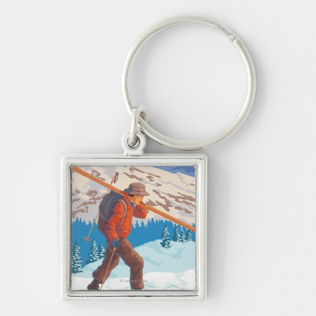 Skier Carrying Snow Skis - Montana Keychain (Front)