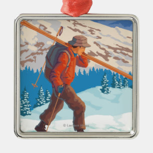 Skier Carrying Snow Skis - Montana Metal Ornament