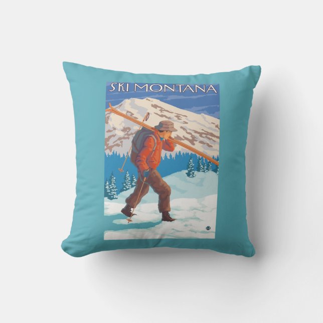 Skier Carrying Snow Skis - Montana Throw Pillow (Front)