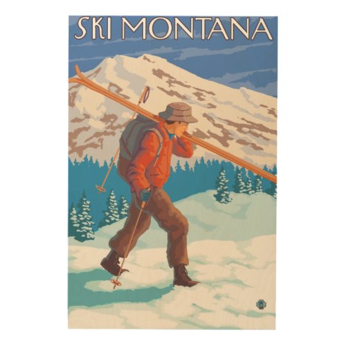 Skier Carrying Snow Skis _ Montana Wood Wall Decor