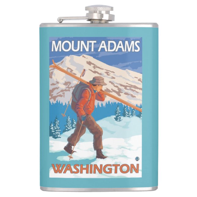 Skier Carrying Snow Skis - Mount Adams, WA Flask (Front)