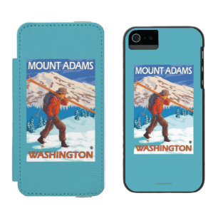Skier Carrying Snow Skis - Mount Adams, WA Wallet Case For iPhone SE/5/5s