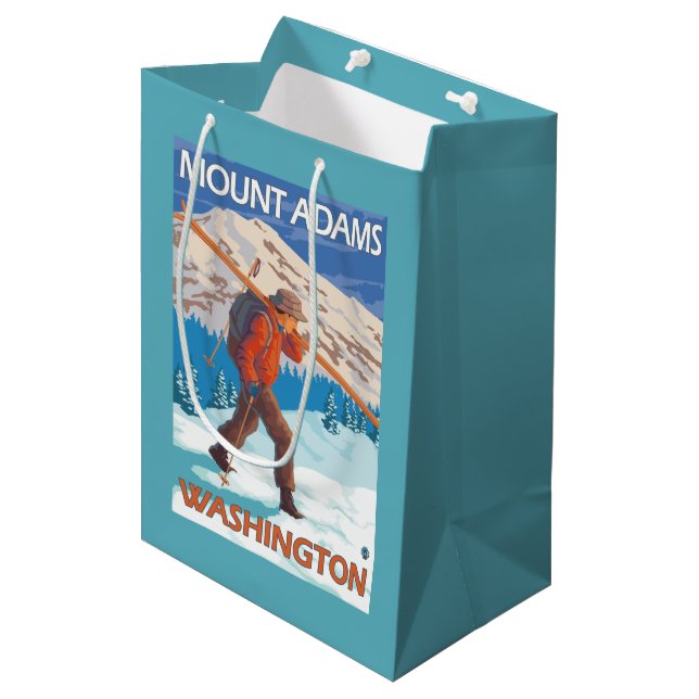 Skier Carrying Snow Skis - Mount Adams, WA Medium Gift Bag (Front Angled)