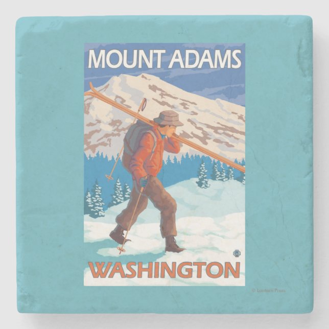 Skier Carrying Snow Skis - Mount Adams, WA Stone Coaster (Front)