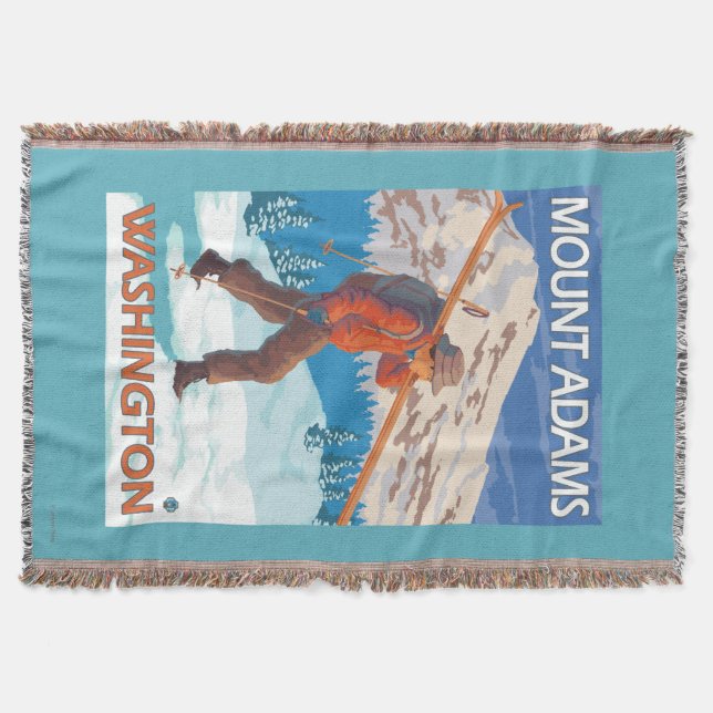 Skier Carrying Snow Skis - Mount Adams, WA Throw Blanket (Front)