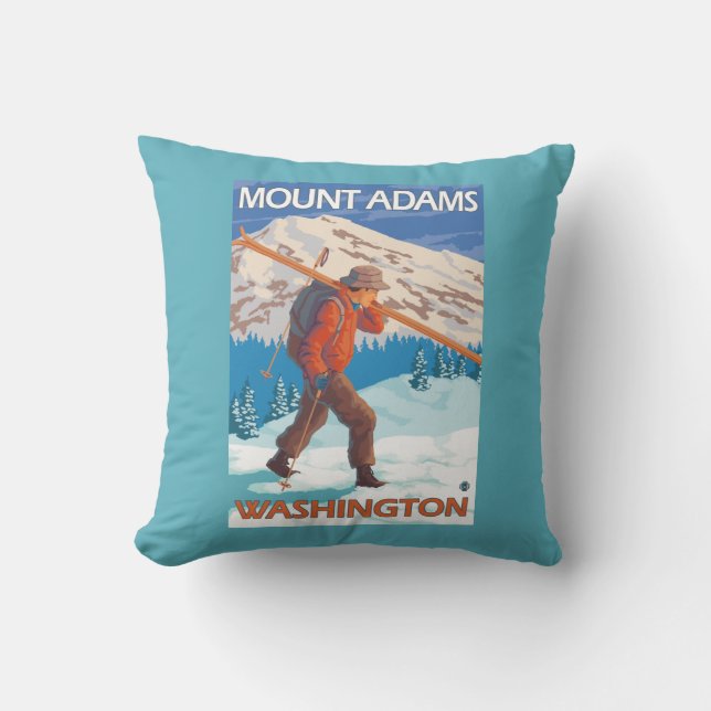 Skier Carrying Snow Skis - Mount Adams, WA Throw Pillow (Front)