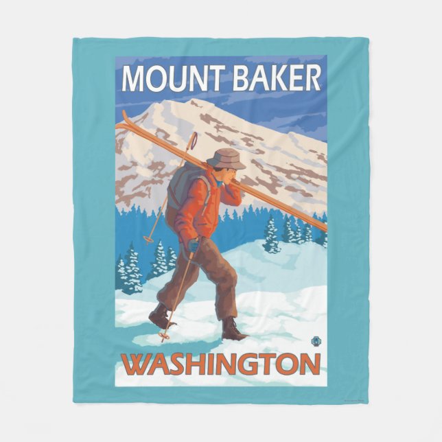 Skier Carrying Snow Skis - Mount Baker, WA Fleece Blanket (Front)