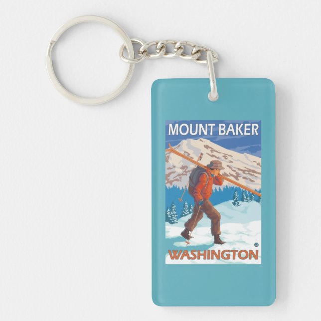 Skier Carrying Snow Skis - Mount Baker, WA Keychain (Front)