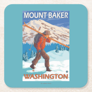 Skier Carrying Snow Skis - Mount Baker, WA Square Paper Coaster