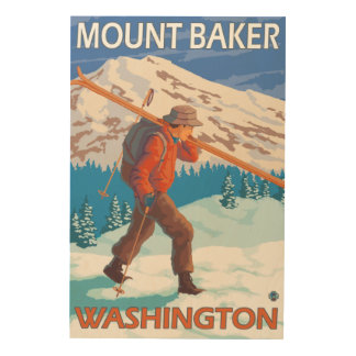 Skier Carrying Snow Skis - Mount Baker, WA Wood Wall Art
