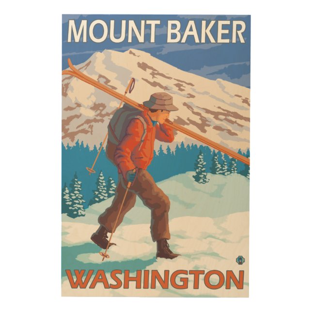 Skier Carrying Snow Skis - Mount Baker, WA Wood Wall Art (Front)
