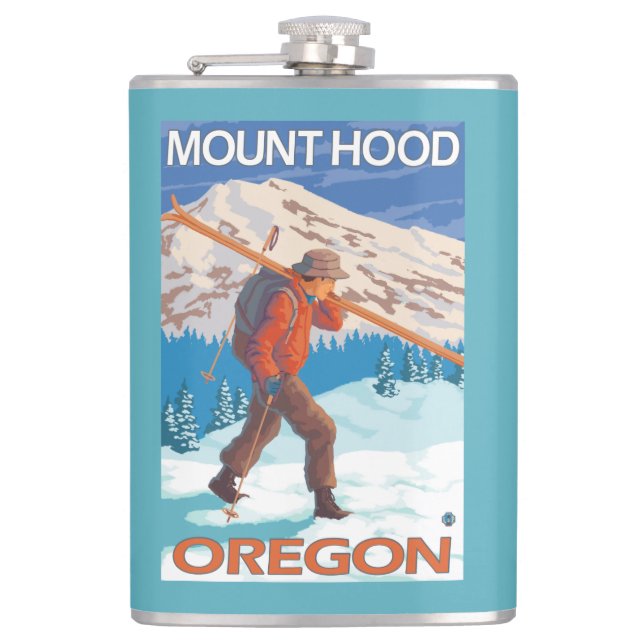 Skier Carrying Snow Skis - Mount Hood, OR Hip Flask (Front)