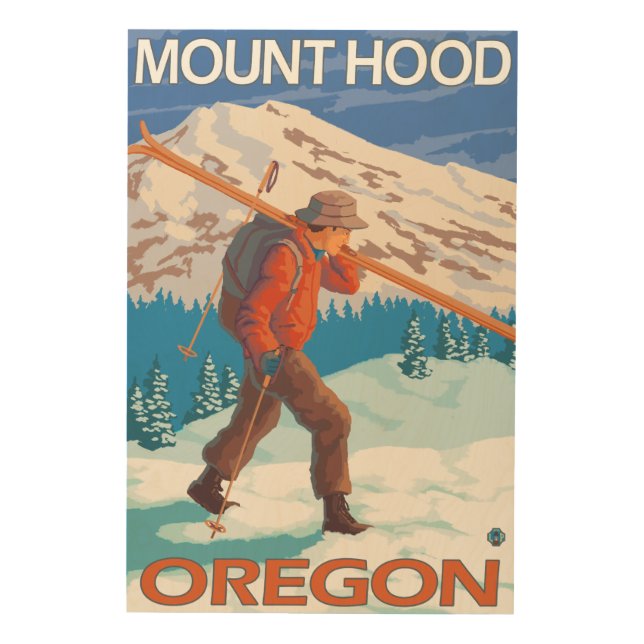 Skier Carrying Snow Skis - Mount Hood, OR Wood Wall Art (Front)