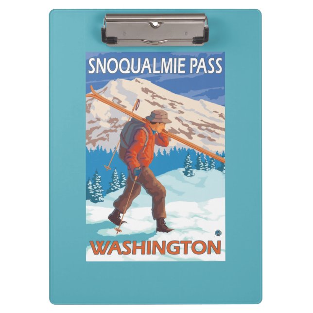 Skier Carrying Snow Skis - Snoqualmie Pass, WA Clipboard (Front)