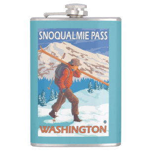 Skier Carrying Snow Skis - Snoqualmie Pass, WA Flask