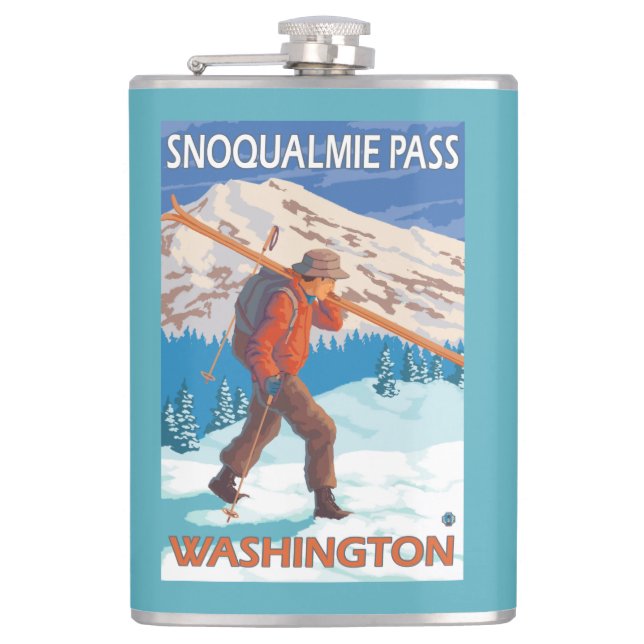 Skier Carrying Snow Skis - Snoqualmie Pass, WA Flask (Front)