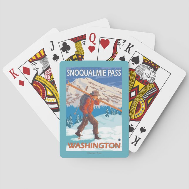 Skier Carrying Snow Skis - Snoqualmie Pass, WA Poker Cards (Back)