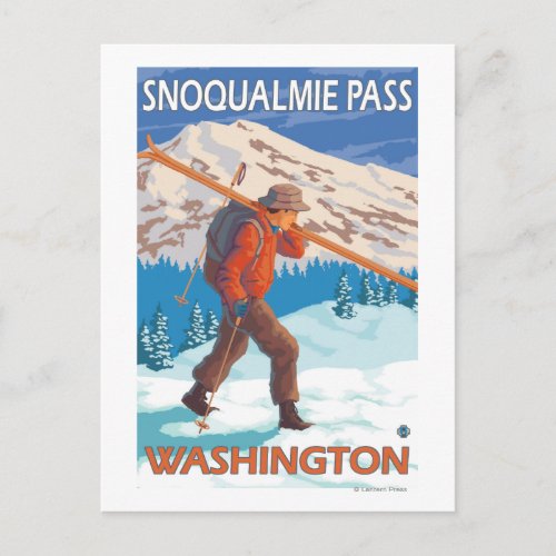 Skier Carrying Snow Skis _ Snoqualmie Pass WA Postcard