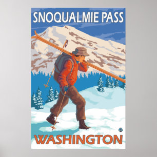 Skier Carrying Snow Skis - Snoqualmie Pass, WA Poster