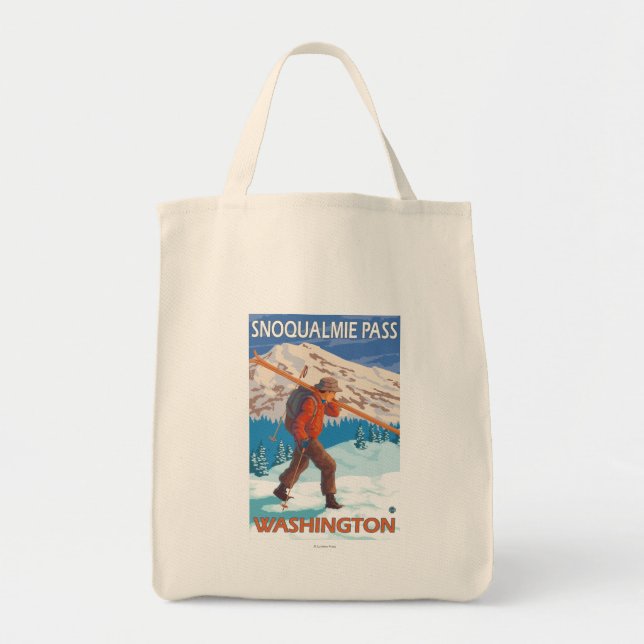 Skier Carrying Snow Skis - Snoqualmie Pass, WA Tote Bag (Front)