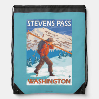 Skier Carrying Snow Skis - Stevens Pass, WA Drawstring Bag