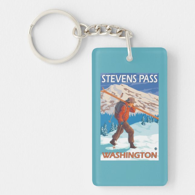 Skier Carrying Snow Skis - Stevens Pass, WA Keychain (Front)