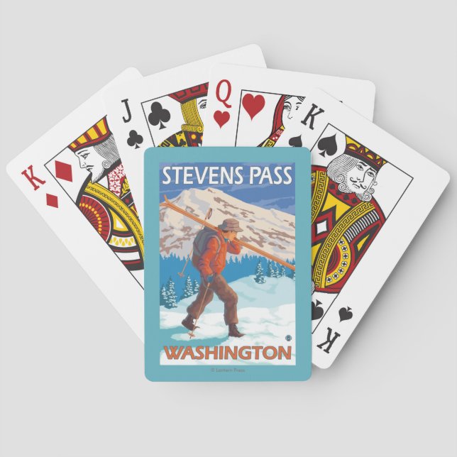 Skier Carrying Snow Skis - Stevens Pass, WA Poker Cards (Back)