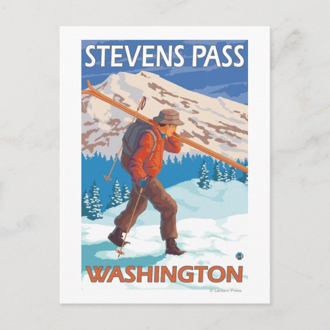 Skier Carrying Snow Skis - Stevens Pass, WA Postcard (Front)