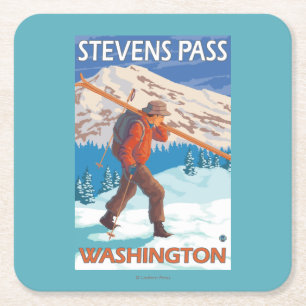 Skier Carrying Snow Skis - Stevens Pass, WA Square Paper Coaster
