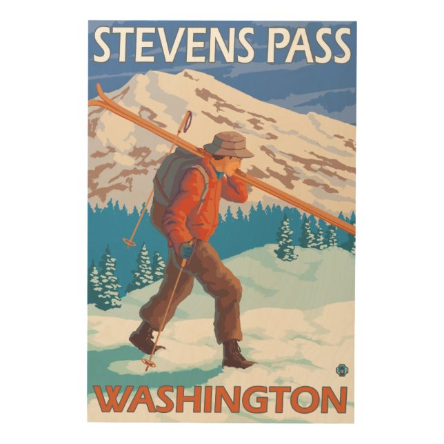 Skier Carrying Snow Skis - Stevens Pass, WA Wood Wall Art (Front)