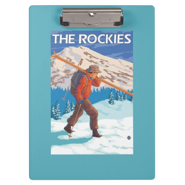 Skier Carrying Snow Skis - The Rockies Clipboard (Front)
